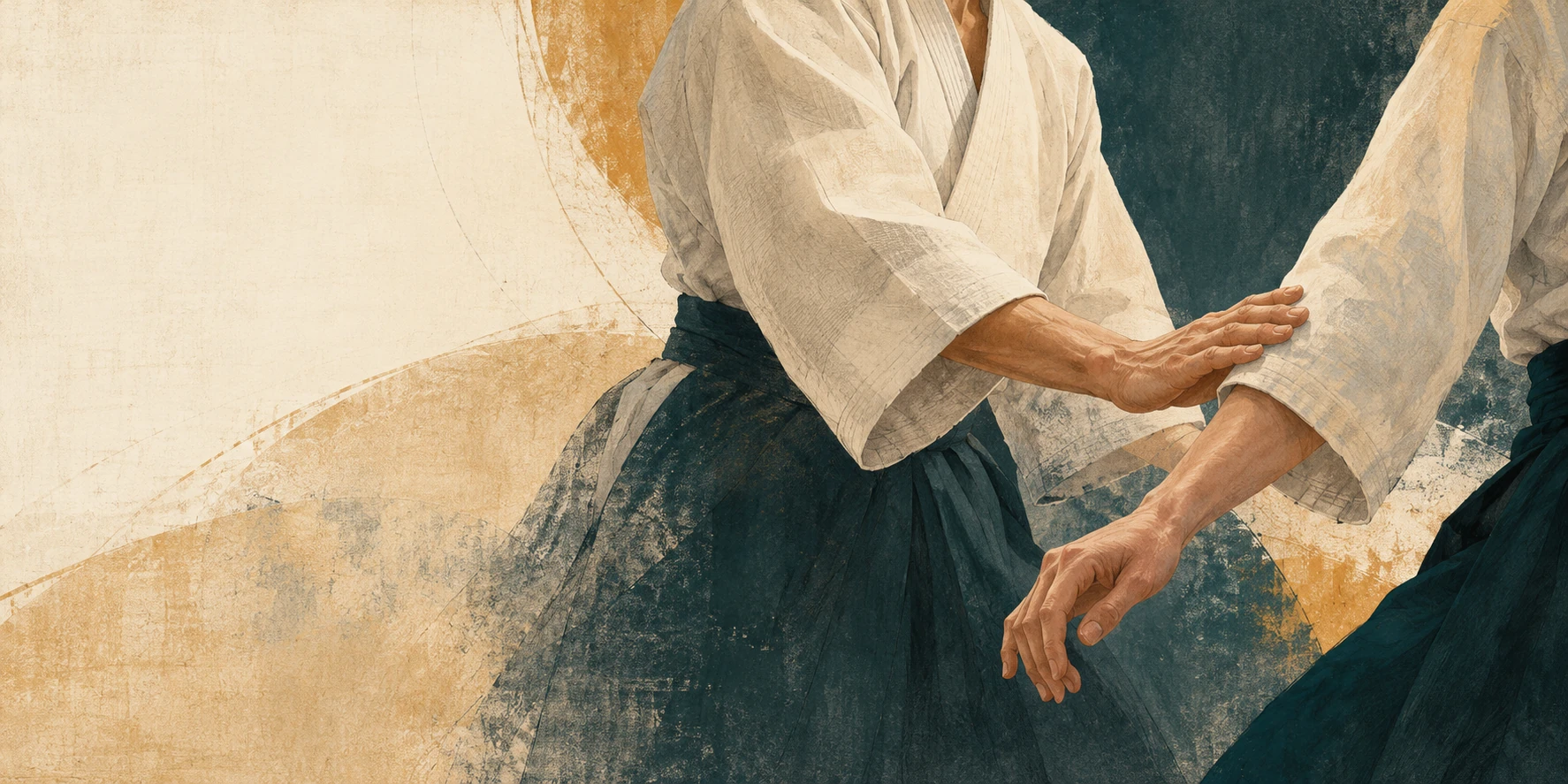 Illustration: Zwei Menschen in Aikido-Kleidung nehmen achtsam Kontakt über Hände und Unterarme auf.